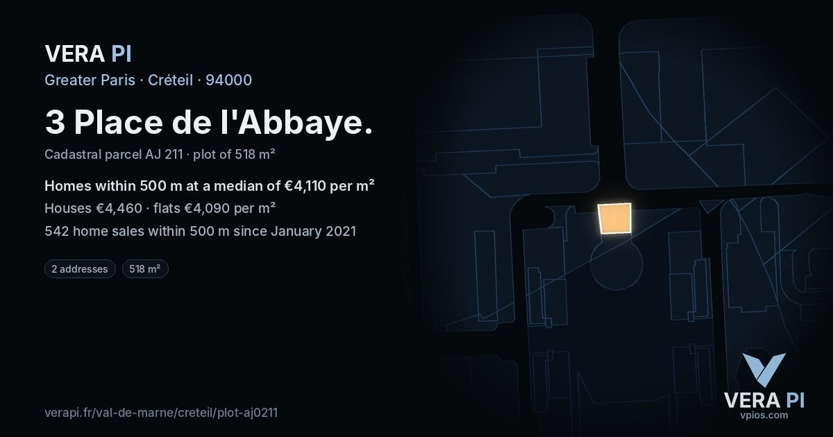 3 Place de l'Abbaye, Créteil at night – the plot lit, the parcels around coloured by the prices near them