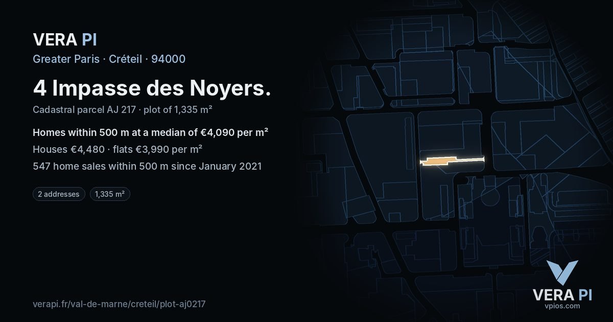 4 Impasse des Noyers, Créteil at night – the plot lit, the parcels around coloured by the prices near them
