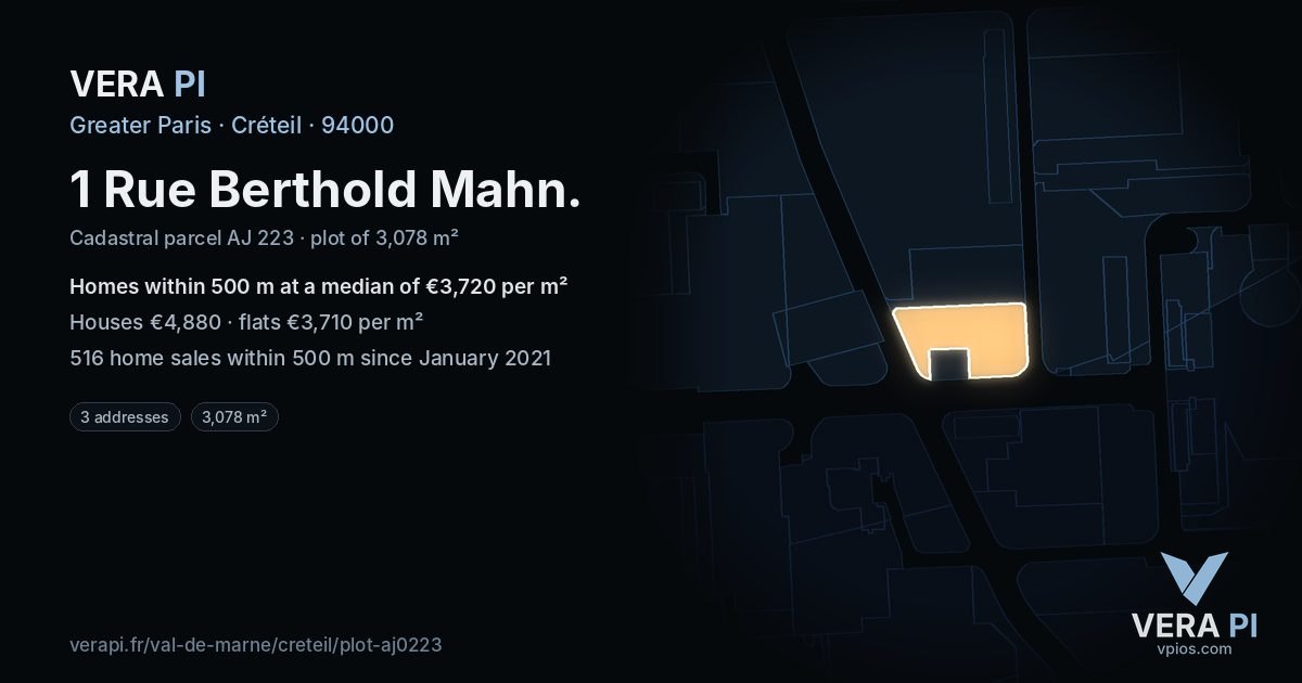 1 Rue Berthold Mahn, Créteil at night – the plot lit, the parcels around coloured by the prices near them