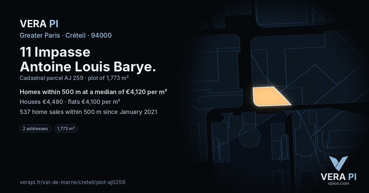 11 Impasse Antoine Louis Barye, Créteil at night – the plot lit, the parcels around coloured by the prices near them