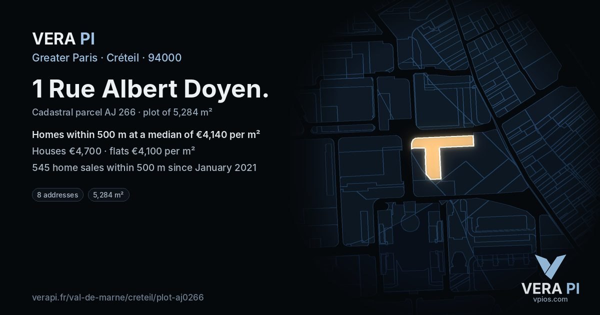 1 Rue Albert Doyen, Créteil at night – the plot lit, the parcels around coloured by the prices near them