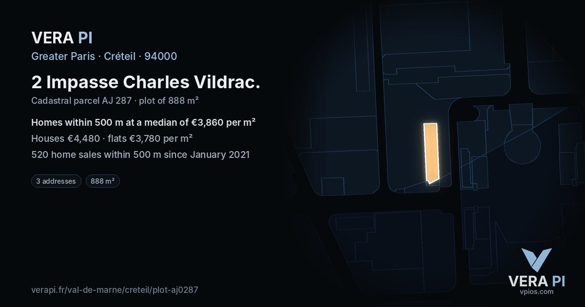 2 Impasse Charles Vildrac, Créteil at night – the plot lit, the parcels around coloured by the prices near them