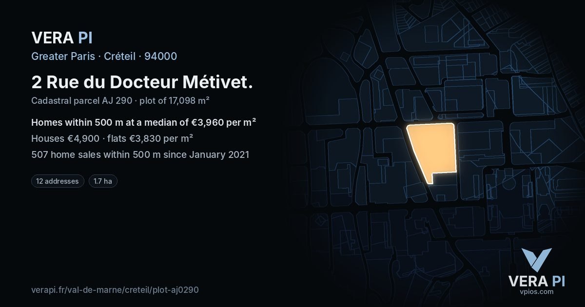 2 Rue du Docteur Métivet, Créteil at night – the plot lit, the parcels around coloured by the prices near them
