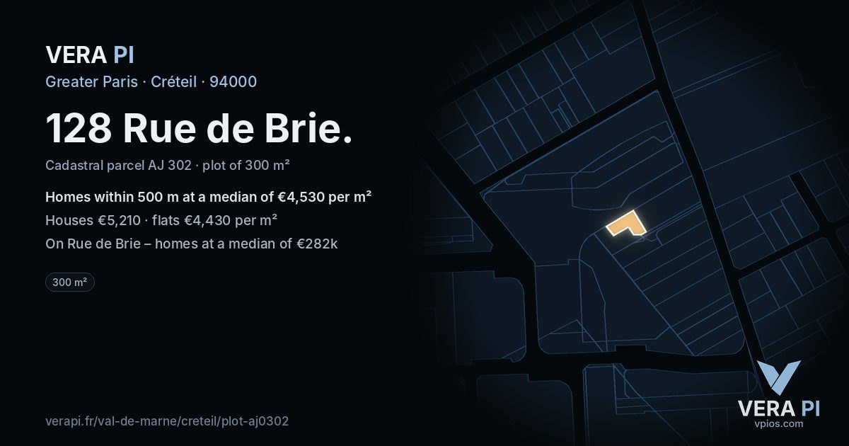 128 Rue de Brie, Créteil at night – the plot lit, the parcels around coloured by the prices near them