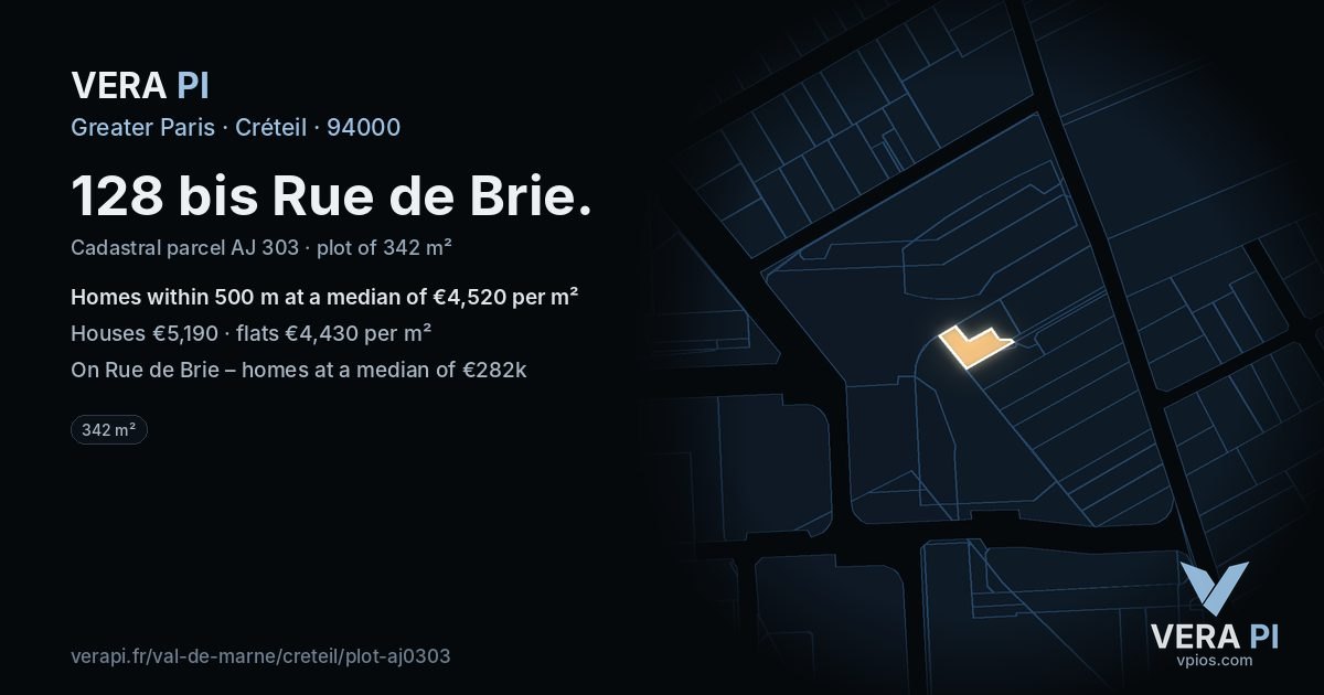 128 bis Rue de Brie, Créteil at night – the plot lit, the parcels around coloured by the prices near them