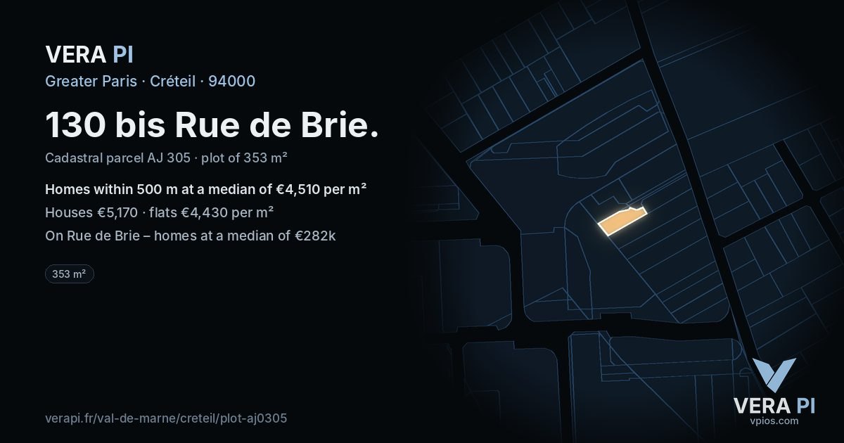 130 bis Rue de Brie, Créteil at night – the plot lit, the parcels around coloured by the prices near them
