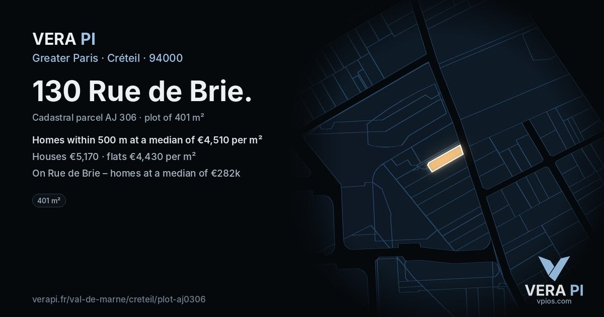 130 Rue de Brie, Créteil at night – the plot lit, the parcels around coloured by the prices near them