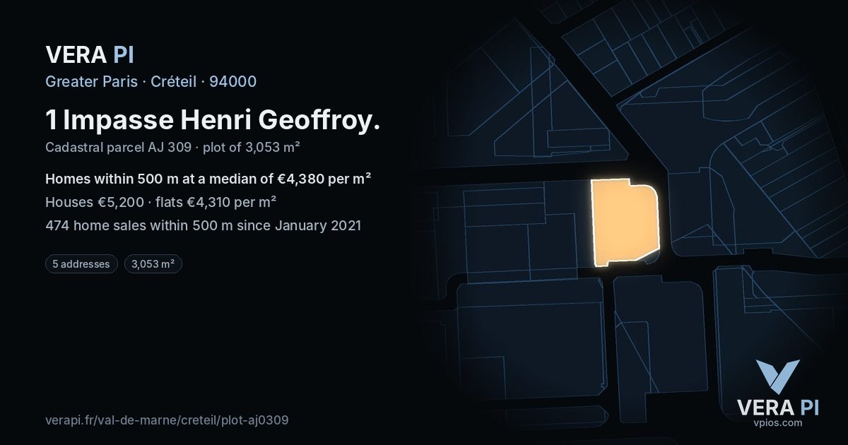 1 Impasse Henri Geoffroy, Créteil at night – the plot lit, the parcels around coloured by the prices near them