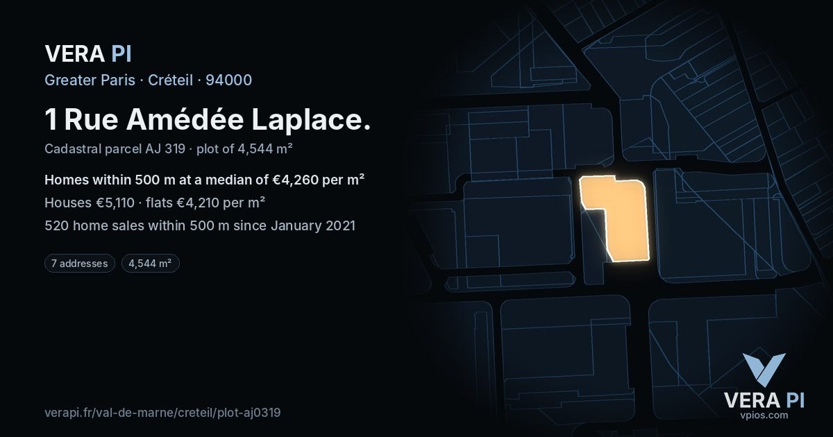 1 Rue Amédée Laplace, Créteil at night – the plot lit, the parcels around coloured by the prices near them