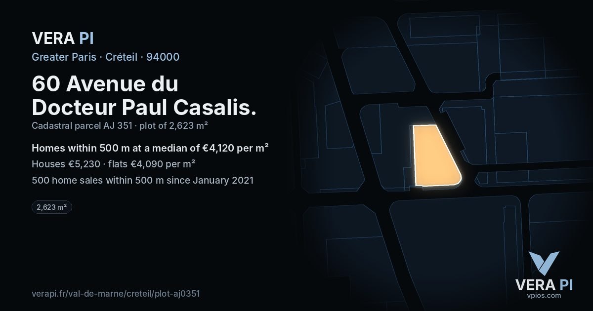 60 Avenue du Docteur Paul Casalis, Créteil at night – the plot lit, the parcels around coloured by the prices near them