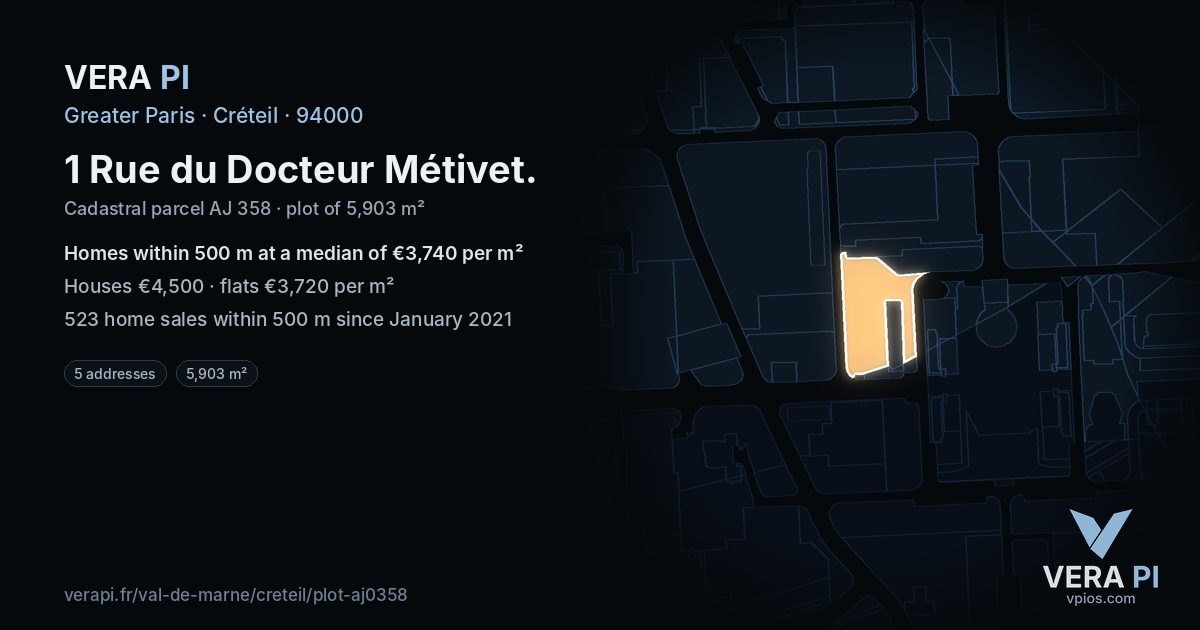1 Rue du Docteur Métivet, Créteil at night – the plot lit, the parcels around coloured by the prices near them
