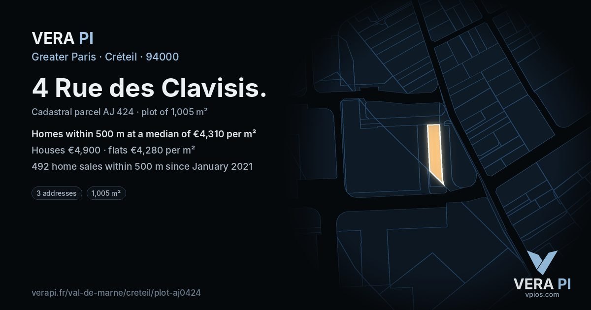 4 Rue des Clavisis, Créteil at night – the plot lit, the parcels around coloured by the prices near them