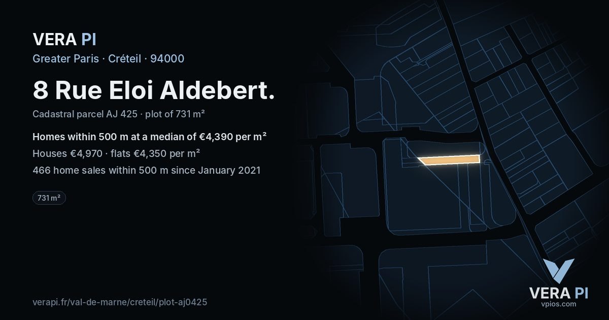 8 Rue Eloi Aldebert, Créteil at night – the plot lit, the parcels around coloured by the prices near them