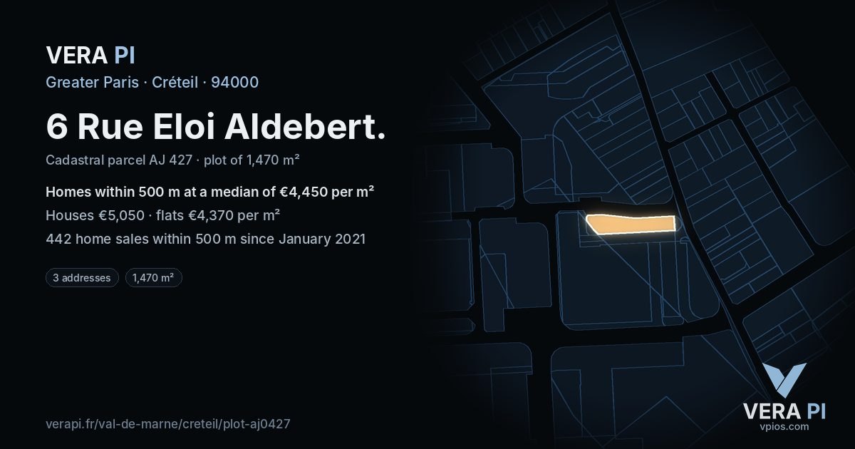 6 Rue Eloi Aldebert, Créteil at night – the plot lit, the parcels around coloured by the prices near them