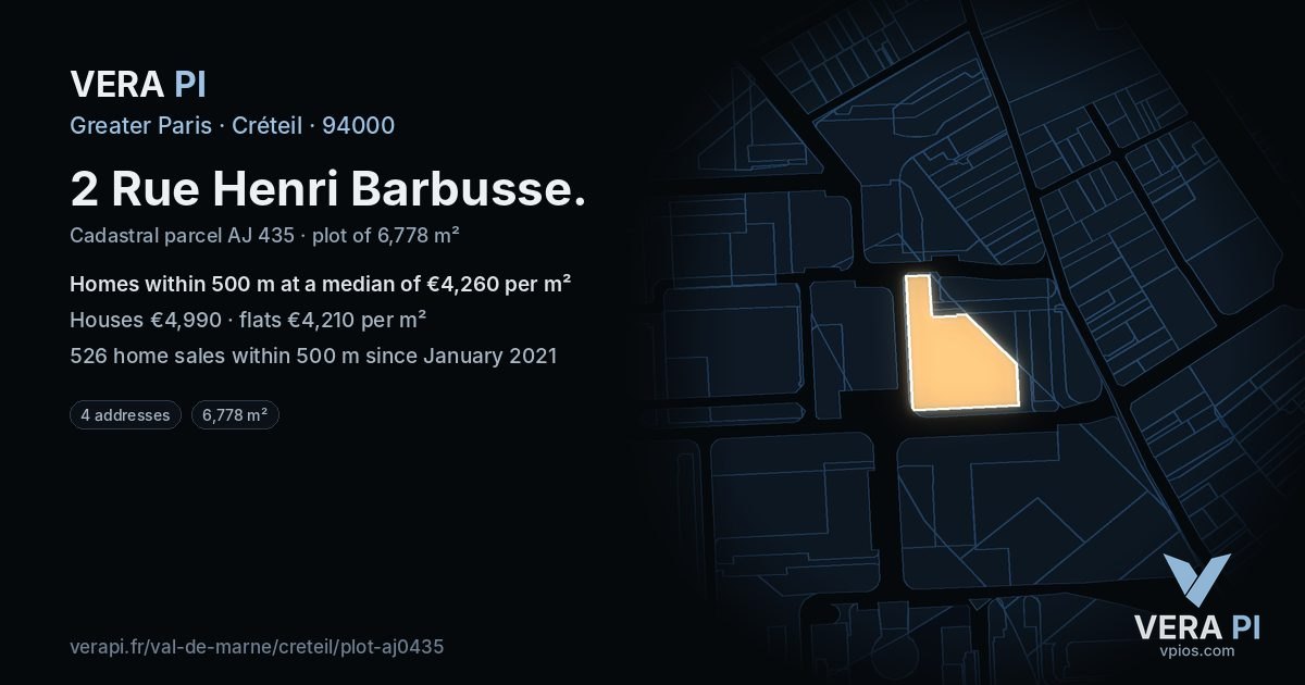2 Rue Henri Barbusse, Créteil at night – the plot lit, the parcels around coloured by the prices near them