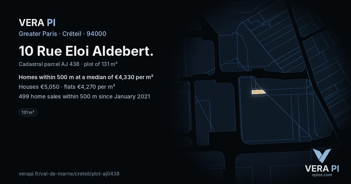 10 Rue Eloi Aldebert, Créteil at night – the plot lit, the parcels around coloured by the prices near them