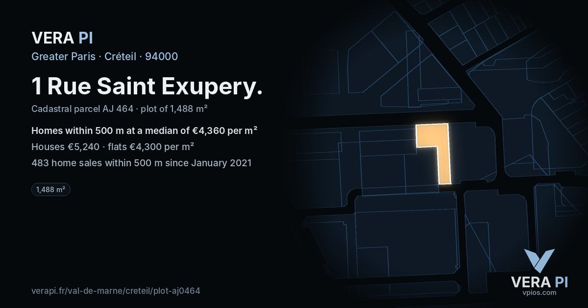 1 Rue Saint Exupery, Créteil at night – the plot lit, the parcels around coloured by the prices near them