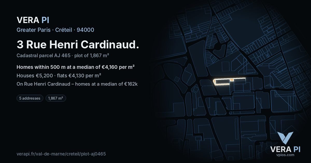 3 Rue Henri Cardinaud, Créteil at night – the plot lit, the parcels around coloured by the prices near them