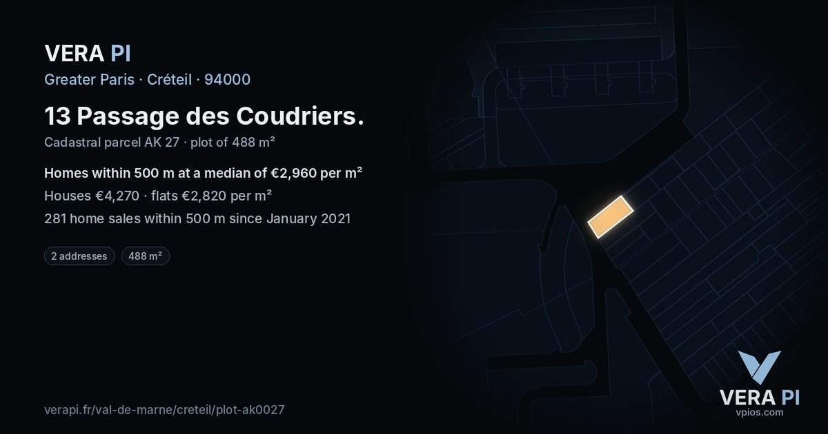 13 Passage des Coudriers, Créteil at night – the plot lit, the parcels around coloured by the prices near them
