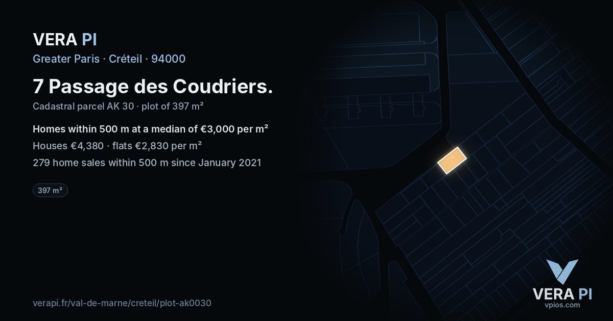 7 Passage des Coudriers, Créteil at night – the plot lit, the parcels around coloured by the prices near them