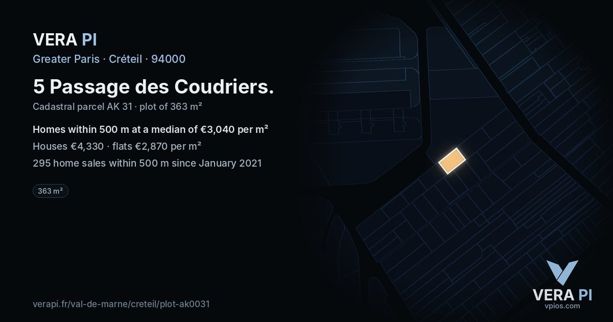 5 Passage des Coudriers, Créteil at night – the plot lit, the parcels around coloured by the prices near them