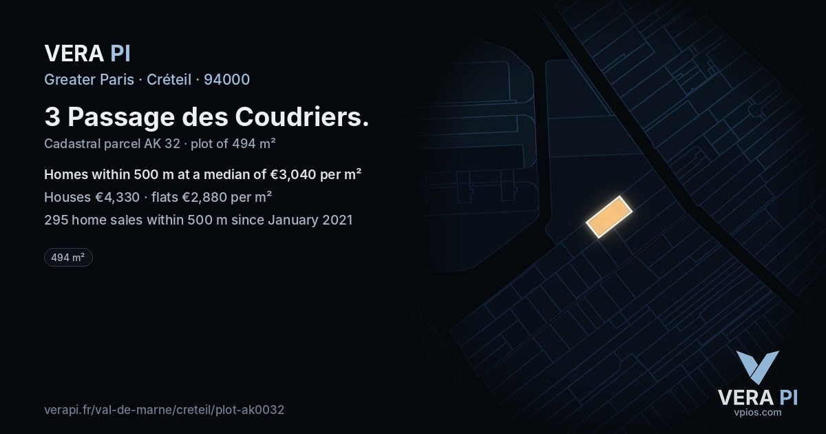 3 Passage des Coudriers, Créteil at night – the plot lit, the parcels around coloured by the prices near them