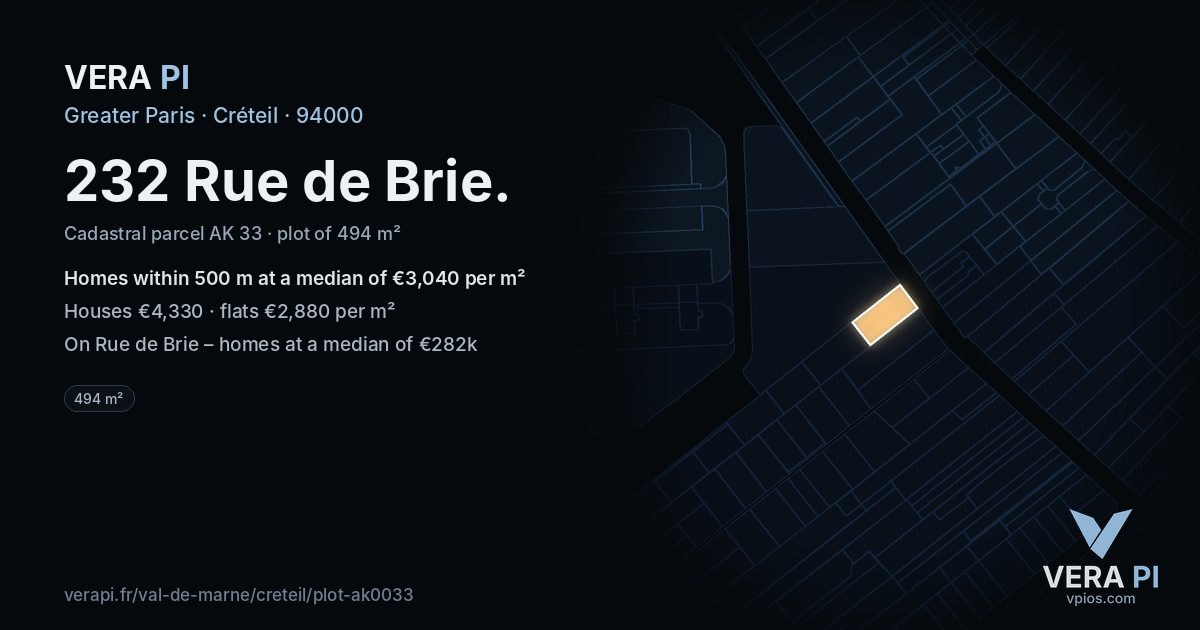 232 Rue de Brie, Créteil at night – the plot lit, the parcels around coloured by the prices near them