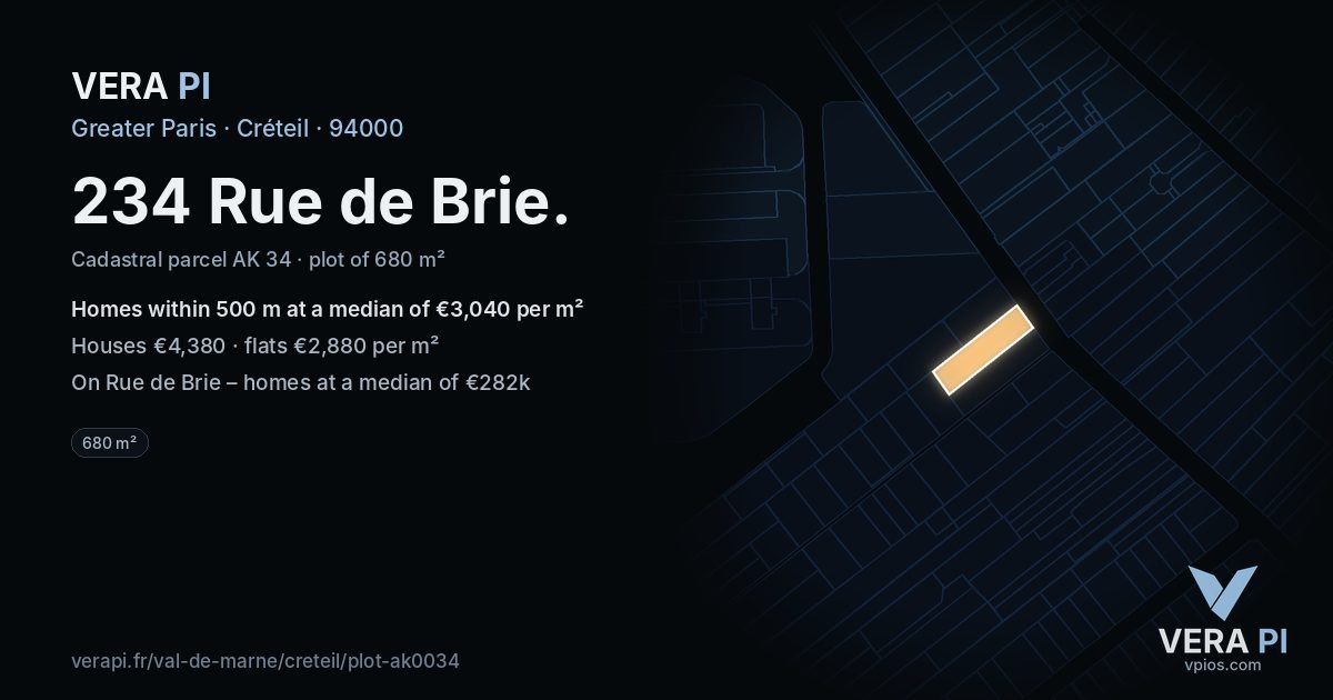 234 Rue de Brie, Créteil at night – the plot lit, the parcels around coloured by the prices near them