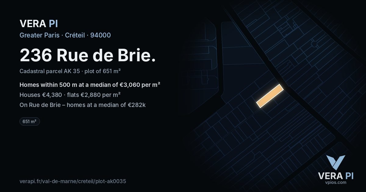 236 Rue de Brie, Créteil at night – the plot lit, the parcels around coloured by the prices near them
