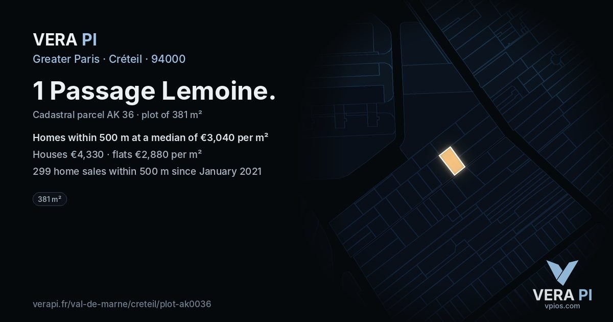 1 Passage Lemoine, Créteil at night – the plot lit, the parcels around coloured by the prices near them