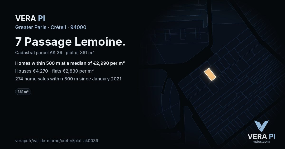 7 Passage Lemoine, Créteil at night – the plot lit, the parcels around coloured by the prices near them