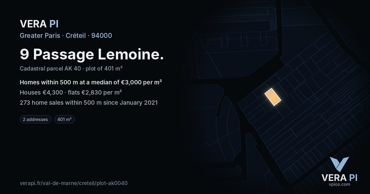 9 Passage Lemoine, Créteil at night – the plot lit, the parcels around coloured by the prices near them