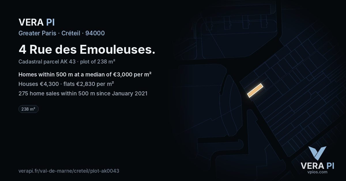 4 Rue des Emouleuses, Créteil at night – the plot lit, the parcels around coloured by the prices near them