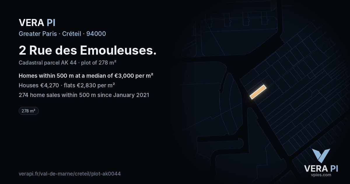 2 Rue des Emouleuses, Créteil at night – the plot lit, the parcels around coloured by the prices near them