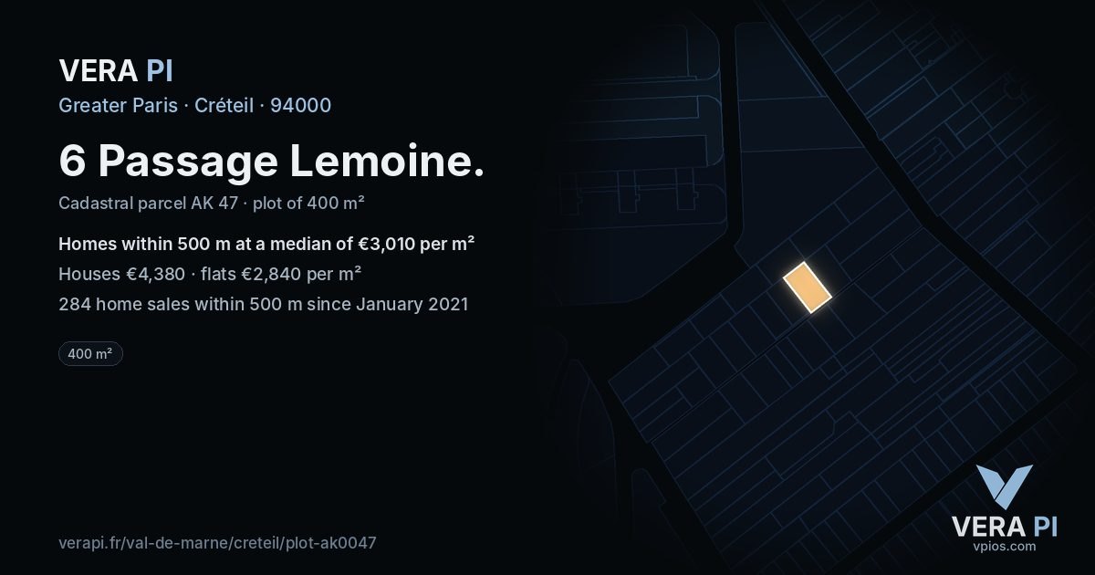 6 Passage Lemoine, Créteil at night – the plot lit, the parcels around coloured by the prices near them