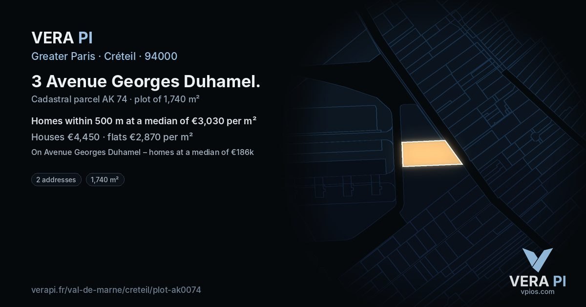 3 Avenue Georges Duhamel, Créteil at night – the plot lit, the parcels around coloured by the prices near them