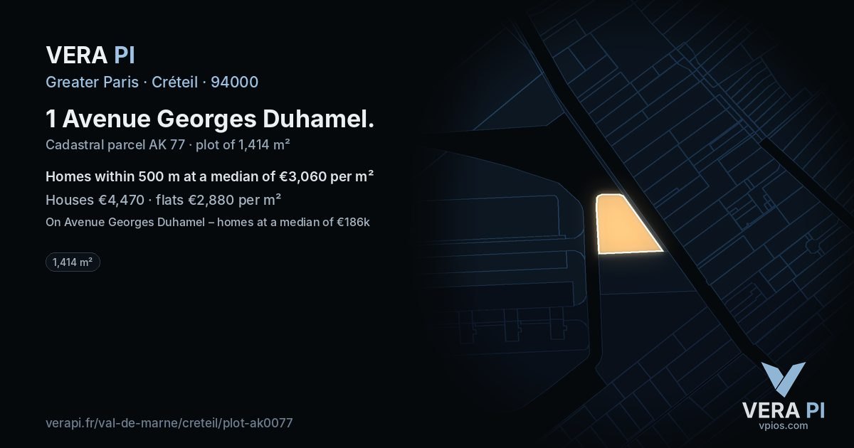 1 Avenue Georges Duhamel, Créteil at night – the plot lit, the parcels around coloured by the prices near them