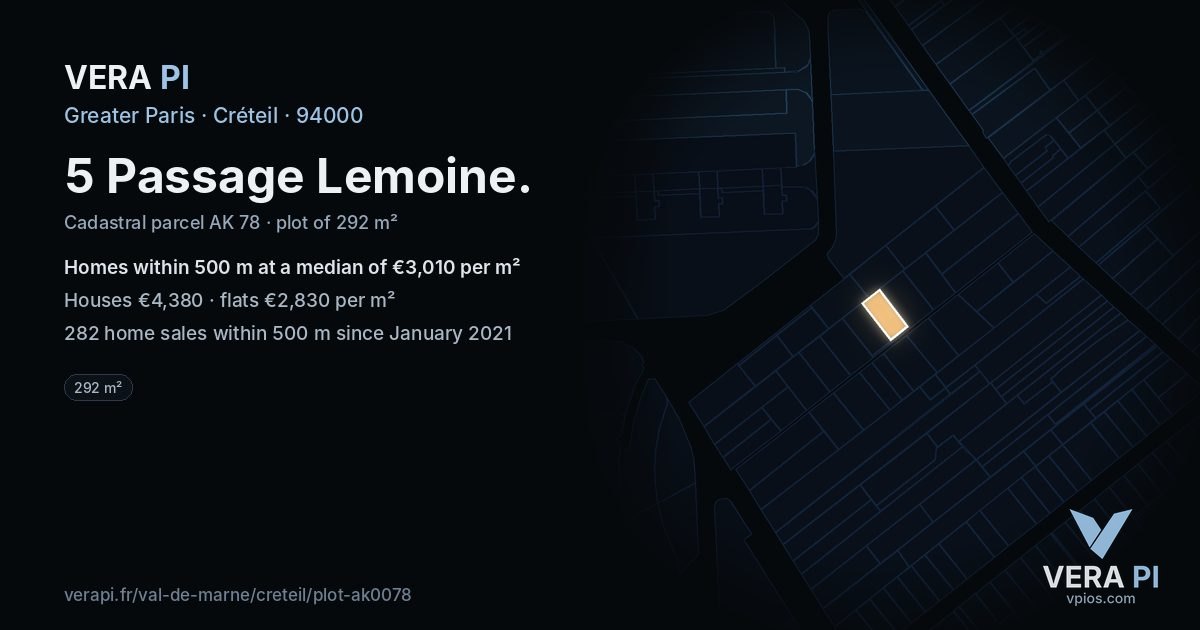 5 Passage Lemoine, Créteil at night – the plot lit, the parcels around coloured by the prices near them