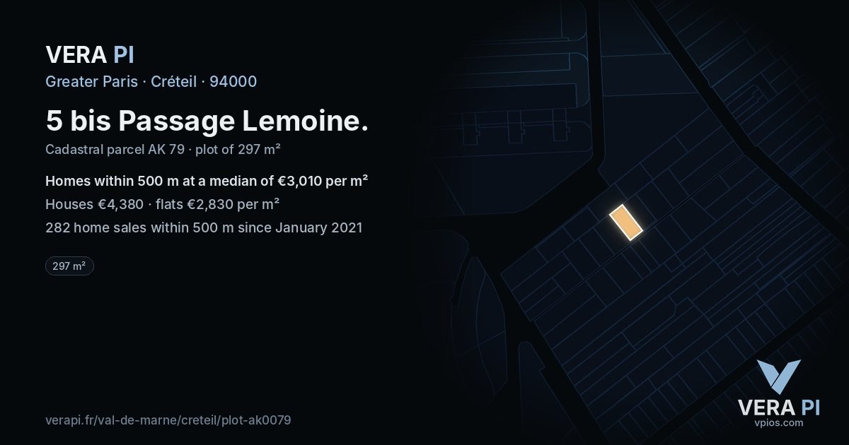5 bis Passage Lemoine, Créteil at night – the plot lit, the parcels around coloured by the prices near them