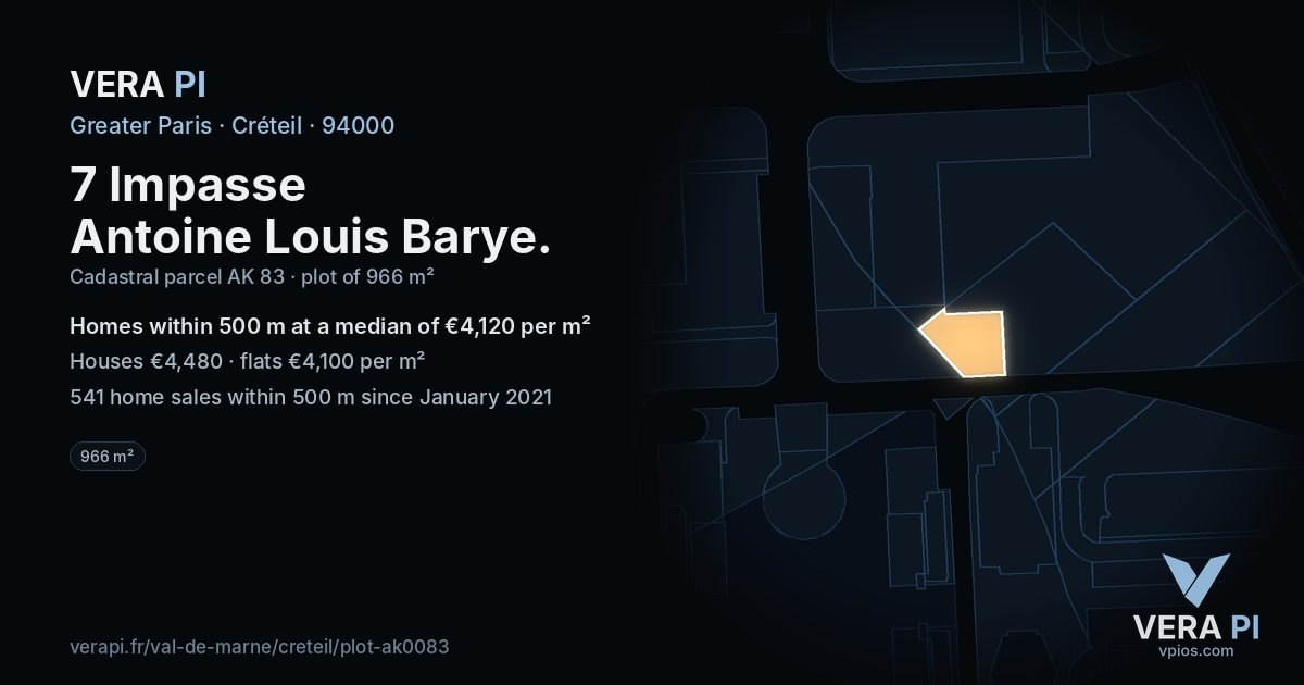 7 Impasse Antoine Louis Barye, Créteil at night – the plot lit, the parcels around coloured by the prices near them