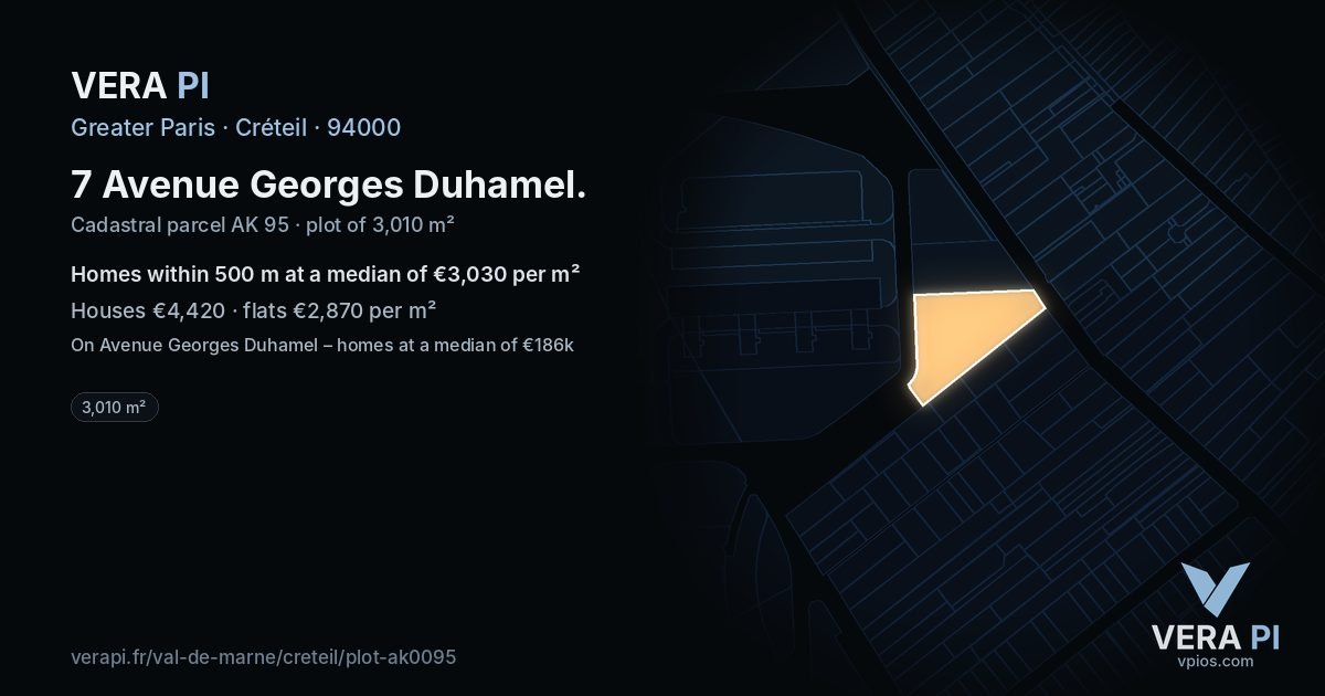 7 Avenue Georges Duhamel, Créteil at night – the plot lit, the parcels around coloured by the prices near them