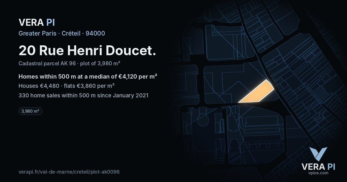 20 Rue Henri Doucet, Créteil at night – the plot lit, the parcels around coloured by the prices near them
