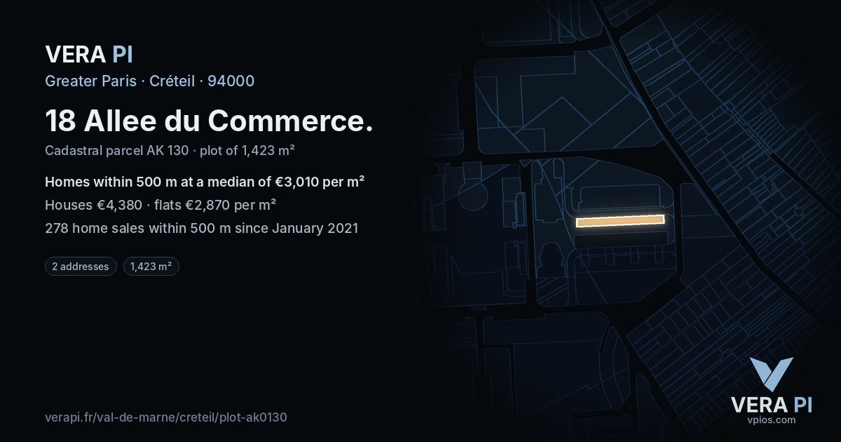 18 Allee du Commerce, Créteil at night – the plot lit, the parcels around coloured by the prices near them