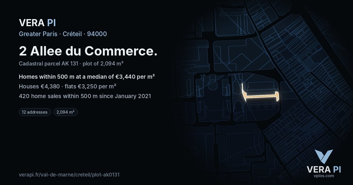 2 Allee du Commerce, Créteil at night – the plot lit, the parcels around coloured by the prices near them