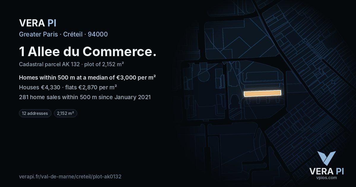 1 Allee du Commerce, Créteil at night – the plot lit, the parcels around coloured by the prices near them