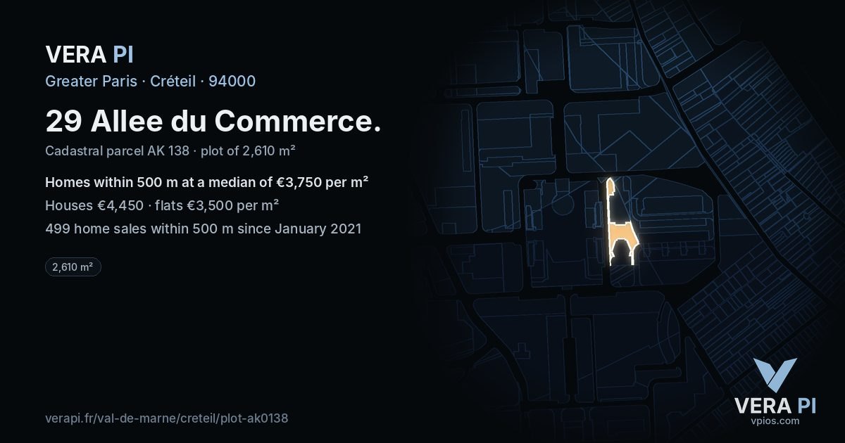 29 Allee du Commerce, Créteil at night – the plot lit, the parcels around coloured by the prices near them