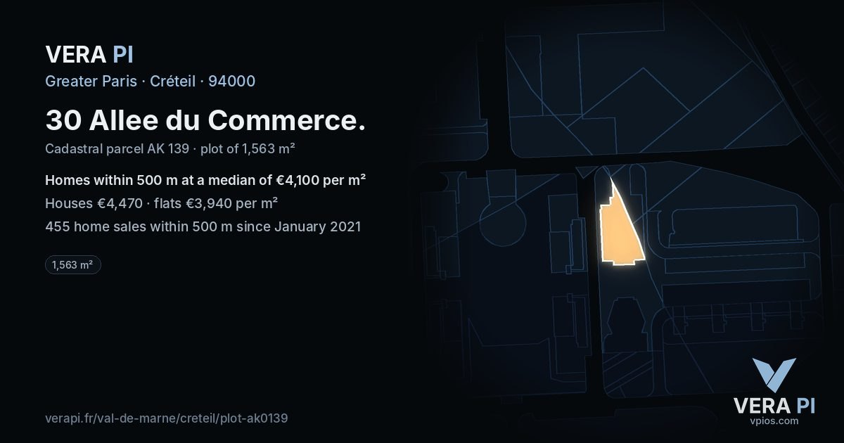 30 Allee du Commerce, Créteil at night – the plot lit, the parcels around coloured by the prices near them