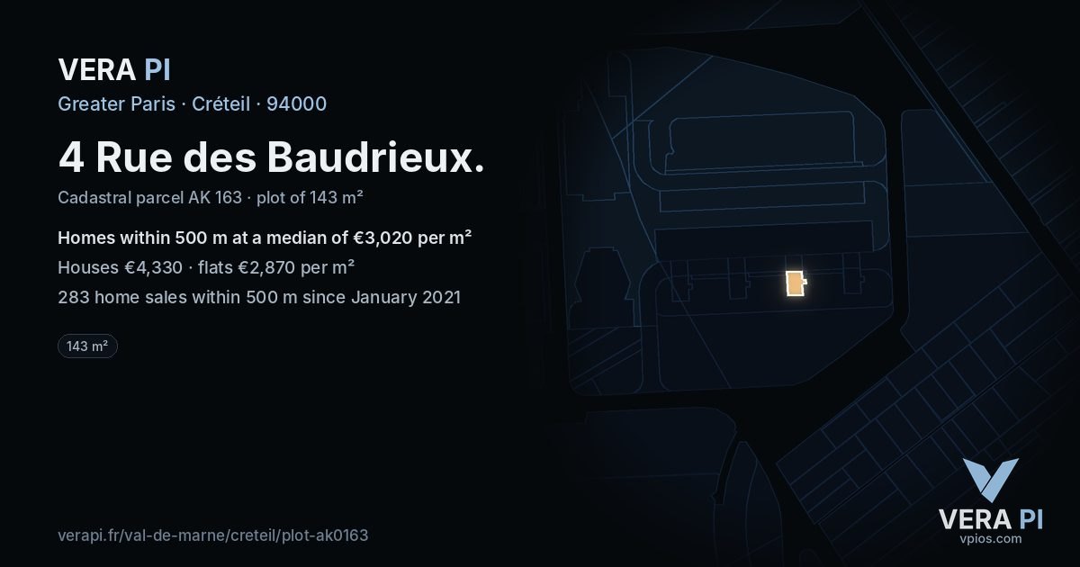4 Rue des Baudrieux, Créteil at night – the plot lit, the parcels around coloured by the prices near them