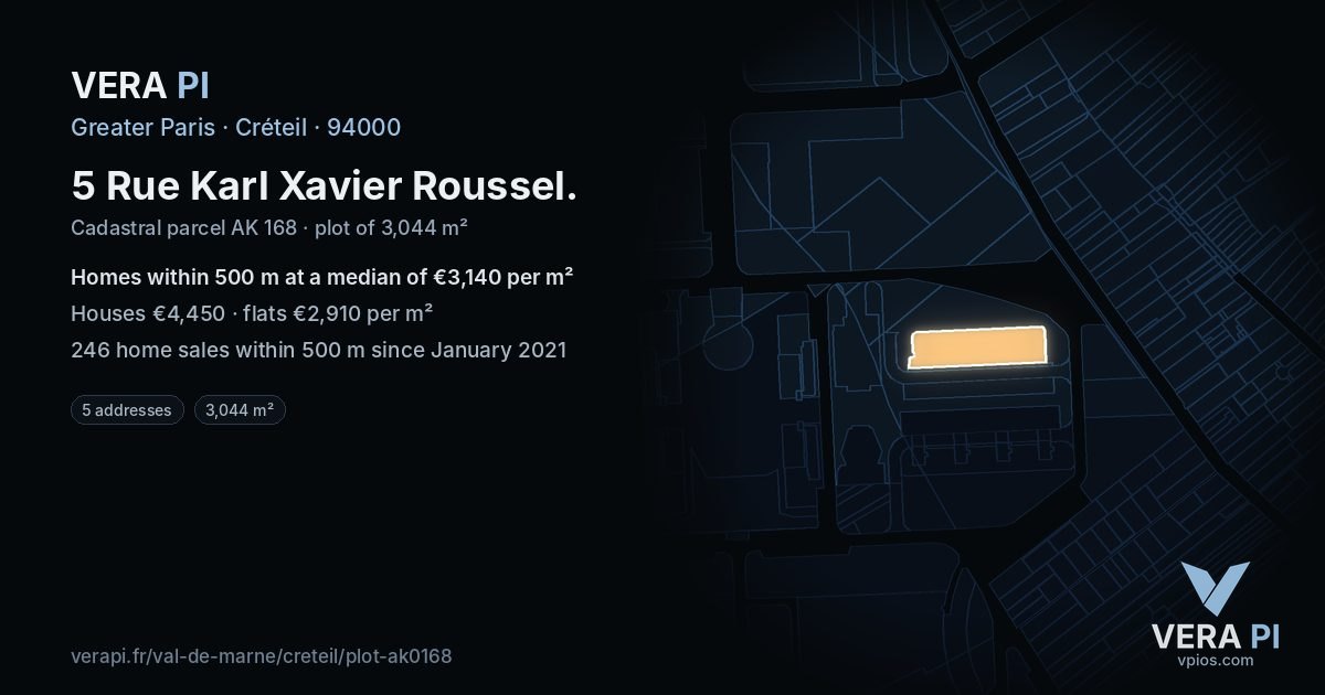 5 Rue Karl Xavier Roussel, Créteil at night – the plot lit, the parcels around coloured by the prices near them