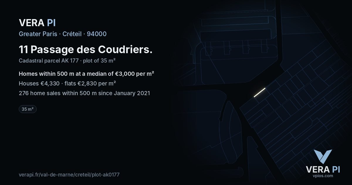 11 Passage des Coudriers, Créteil at night – the plot lit, the parcels around coloured by the prices near them